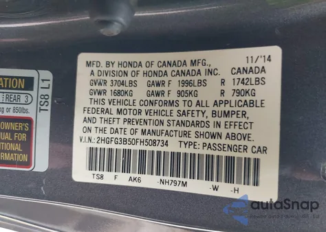 2015 Honda Civic Lx z USA, uszkodzony, nr VIN 2HGFG3B50FH508734